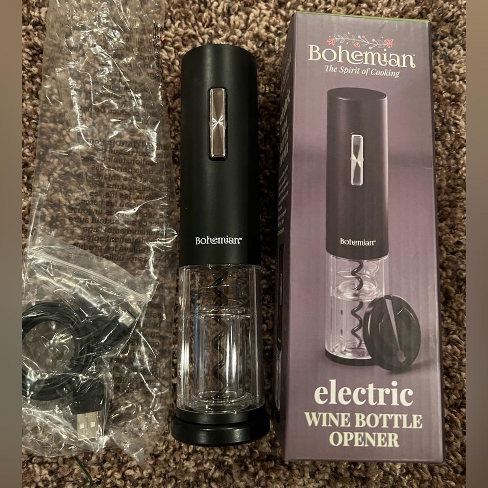 Bohemian Electric Wine Bottle Opener, recharge with USB cable, new in box.
